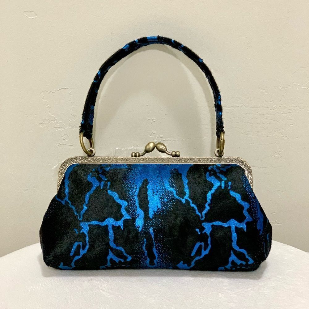 Handmade Real Hair-on Calf hide Embossed Kisslock Clutch/Wristlet/Crossbody
